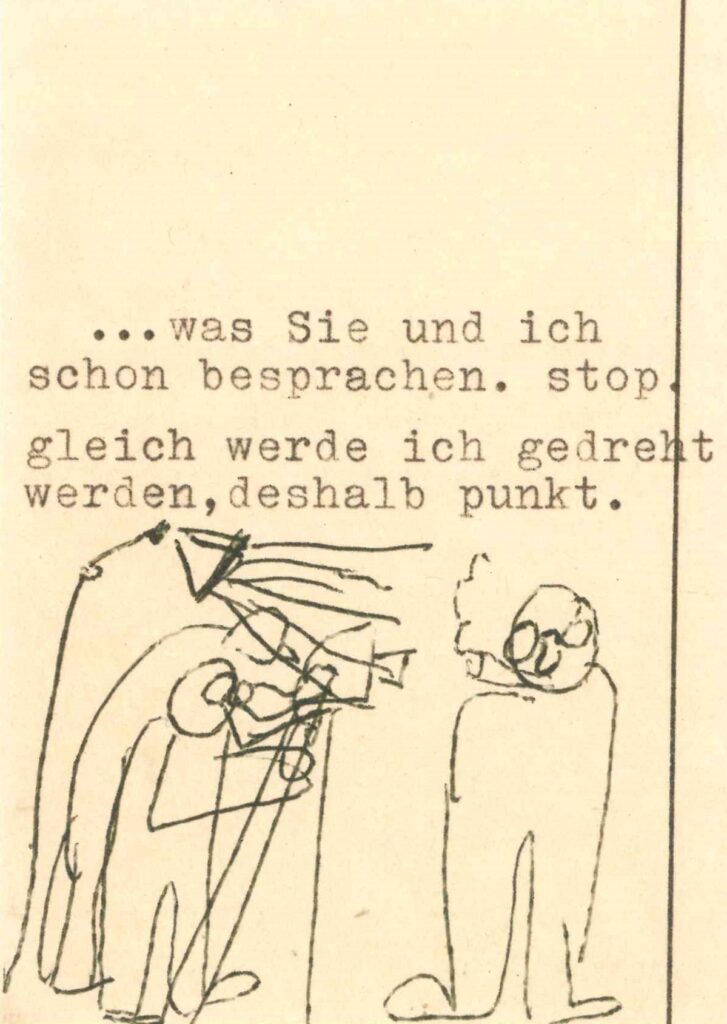 Postkarte Willi Baumeister an Franz Roh, 27.4.1954, Zeichnung von Willi Baumeister: Bei den Dreharbeiten vom Ottomar Domnicks Film "Willi Baumeister", 1954.