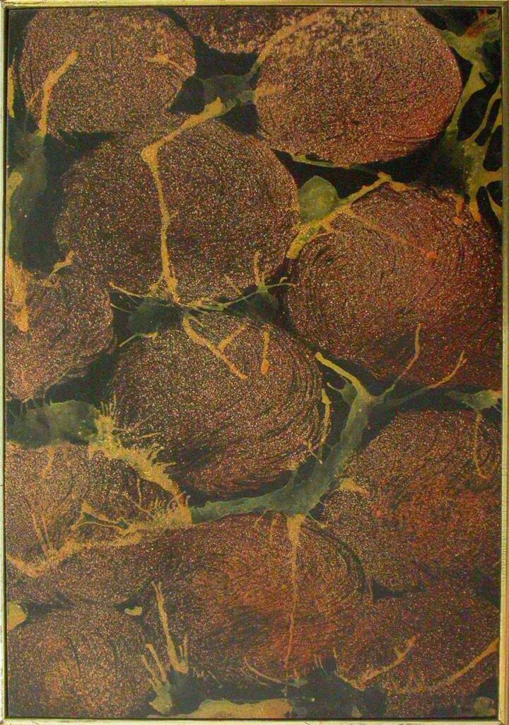Tafel gestaltet von Willi Baumeister mit Lackfarben und Farbpulver auf Sperrholz