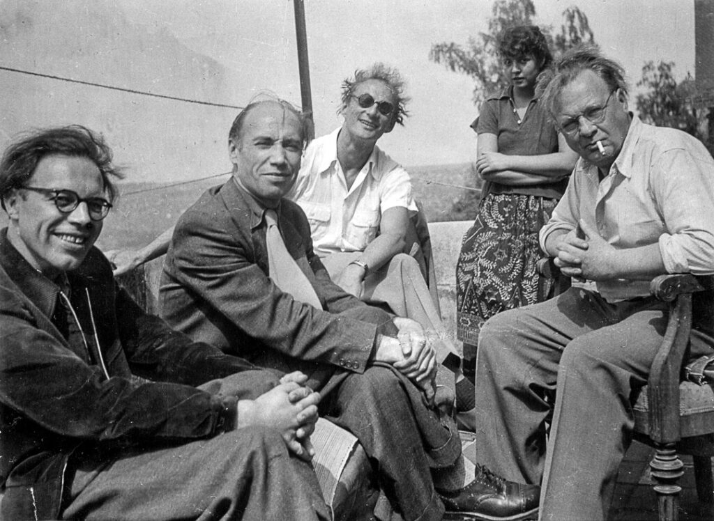 Otto Erich Schilling, Osvalds Lemanis, Tänzer, M. Stocker und Willi Baumeister im Staatstheater, Großes Haus, Stuttgart. (Ballett: In scribo satanis)